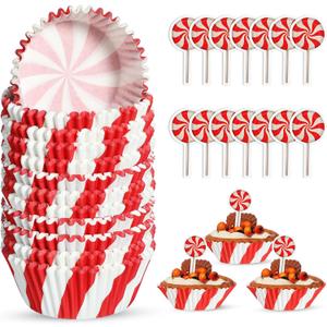 Vesici 200 Pcs Christmas Cupcake Liners and 200 Pcs Cupcake Toppers Candy Pattern Baking Cups Cake Wrappers Greaseproof Muffin Liners for Christmas Holiday Birthday Theme Party Supplies