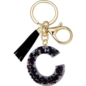 SELOVO Initial Keychain Black Letter Alphabet Tassel Charm Key Chain Ring for Handbag