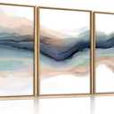 HLNIUC Blue Abstract Wall Art, Watercolor Line 24"x36" Framed Art Set of 3, Modern Wave Canvas Wall Decor, Natural Landscape Paint Stroke Prints for Living Room, Bedroom, Office