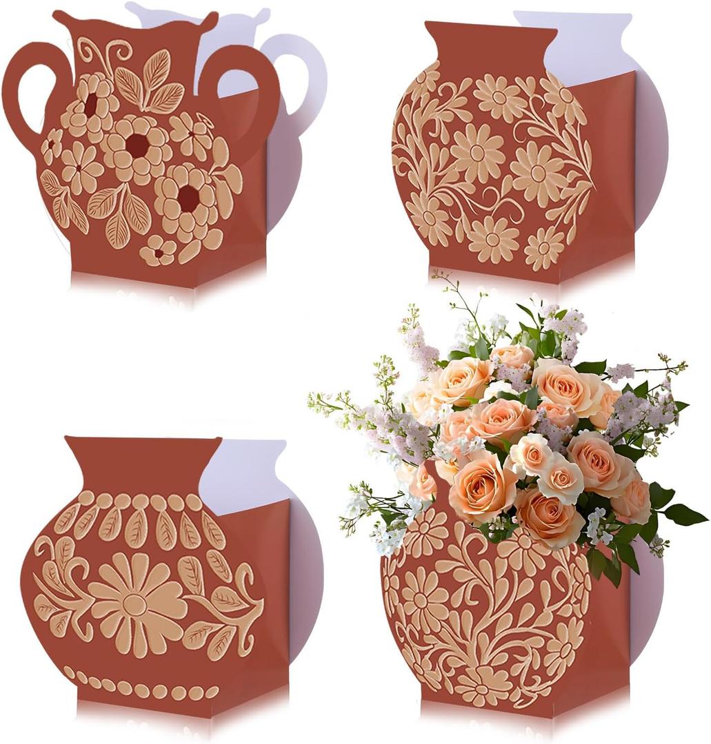 12 Pcs Platos De Barro Mexicanos Cielito Lindo Party Decoration Flower Vase Centerpiece Mexican Paper Gift Boxes Terracotta Clay Pottery Cinco De Mayo Decor for Tables(Brown Flower,Brown)