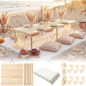 Novabright Boho Picnic Kit 22'' x 44'' Folding Picnic Table 91" x 71" Extra Large Outdoor Boho Blanket with Beige Table Runner and 6 Napkins for Camping Wedding Birthday Baby Shower Party Decor