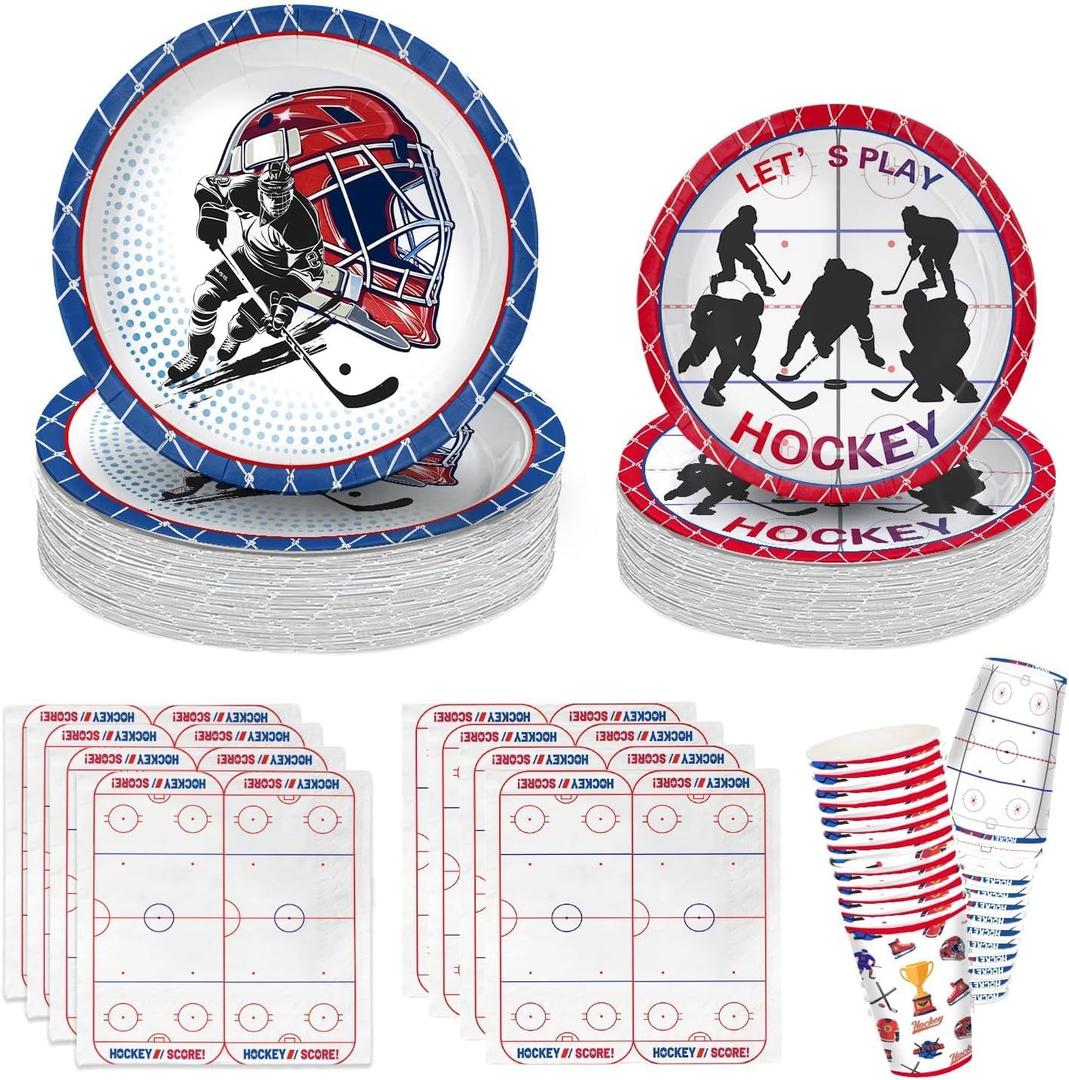 104 PCS Hockey Party Table Supplies Kit Serve 26, Includes Dinner Plates, Dessert Plates, Napkins, Cups for Ice Hockey Birthday Party Sport Events Decorations Favors
