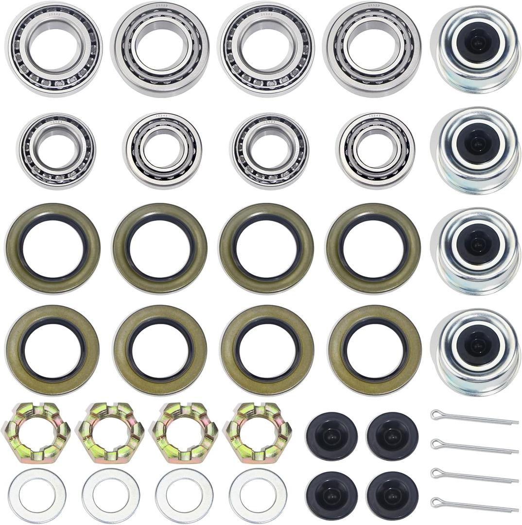 4Sets 25580 15123 Trailer Axle Hub Bearings Kit, with 21333TB/10-10 22333TB/10-36 Grease Seals 2.44'' Dust Caps Cotter Pins Nuts & Washers for 5200 to 6000 lbs Trailer #D42 Tapered Spindle