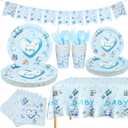 25 Sets Blue Baby Boy Birthday Decorations - Baby Boy Shower Party Supplies Its a BOY Banner Paper Plates Napkins Cup Tableware Tablecloth Party Supplies