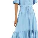 R.Vivimos Womens Summer Cotton Short Sleeve V Neck Floral Print Casual Bohemian Midi Dresses (Large, SkyBlue)