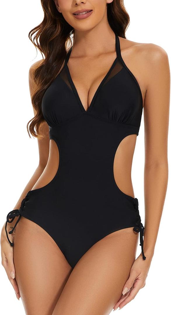 Women's Halter Cutout One Piece Swimsuit Mesh Monokini Bathing Suit (Medium, Black)