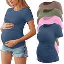 Huukeay 4 Pack Women's Maternity Shirts, Crew Neck Maternity Top Short Sleeve Casual Cotton Tee Side Ruched Pregnancy Clothes(Haze Blue, Peach Pink, Army Green, Light Coffee,Medium)