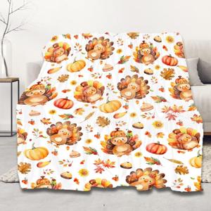 Thanksgiving Blanket, Cute Turkey Pumpkin Blankets,Thanksgiving Gifts, Soft Plush Flannel Leaves Pattern Quilts for Bed Sofa Chair Room Decoration, 30"x40"