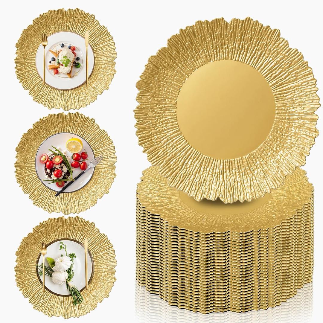 PROY 50 Pcs Gold Chargers for Dinner Plates, 13" Reusable Reef Serving Gold Chargers, Round Plastic Shiny Decorative Charger Plates for Wedding, Catering, Parties, Restaurant, Home Dinner Use
