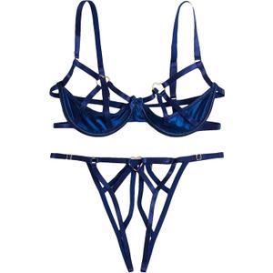 Verdusa Women's 2 Piece Cut Out Underwire Sexy See Through Bra and Panty Lingerie Sets (Large, Royal Blue)