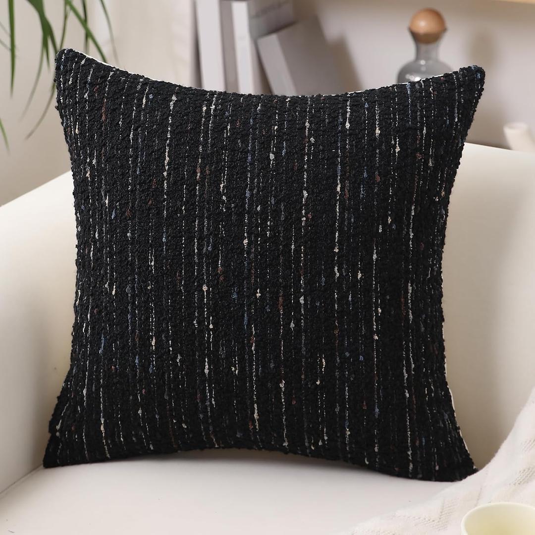 Textured Boucle Pillow Covers 20x20 Neutral Striped Throw Pillows Soft Modern Farmhouse Pillow Cases, 1pc Decorative Accent Square Couch Cushion Cover for Bed Chair Living Room, Black