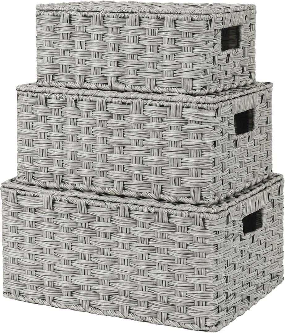 GRANNY SAYS Wicker Storage Baskets, Decorative Boxes with Lids, Set of 3 Nesting Wicker Baskets for Organizing, Gray, 3-Pack