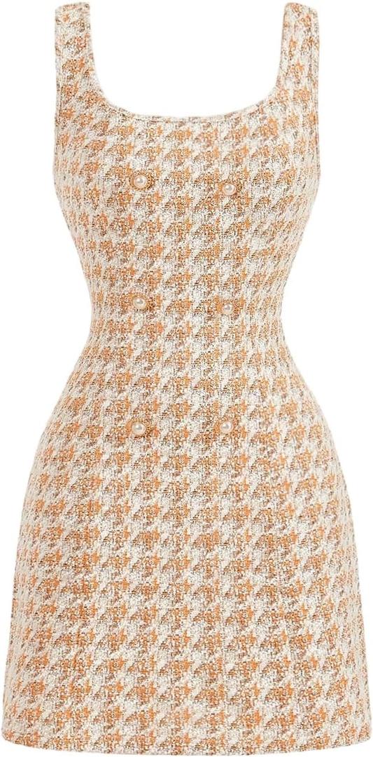 Floerns Women's Plaid Tweed Dress Sleeveless Square Neck Elegant Work Mini Dress (Medium, Ginger)
