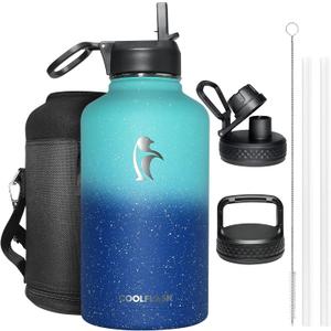 64 oz Water Bottle Insulated with Straw&3 Lids, Coolflask Half Gallon Water Jug Galaxy Large Metal Stainless Steel Vacuum Flask for Gym, Sports, Keep Cold 48H Hot 24H, Glacier Blue