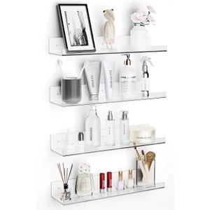 4 Pack Clear Acrylic Floating Shelves, 15"x4" Adhesive No Drill Wall Shelves | Dual-Mount (Adhesive or Screws) Waterproof Storage Bathroom Shelf Organizer for Kitchen, Living Room, Bedroom