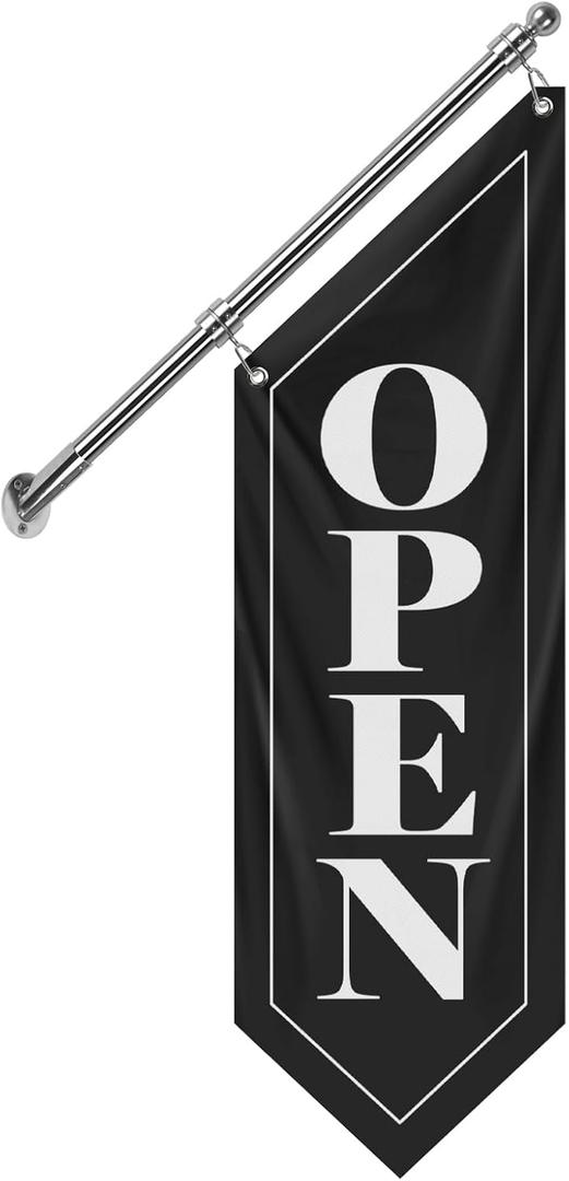 Double-Sided Open Flag with Pole Kit, 12"x35" Vertical Storefront Open Sign with Wall Mounted Hanging, Outdoor Vintage Open Banner for Shop, Cafe, Restaurant, Retail Store, Farm Stand Business