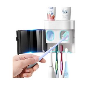 GFWARE Toothbrush Holder Toothpaste Dispenser Wall Mounted with Cover, 4 Slots Tooth Brush Storage Organizer with Automatic Kids Toothpaste Squeezers for Shower Bathroom Black