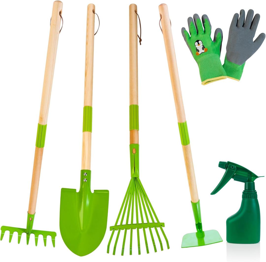 Kids Gardening Tools Set - 6PCS Detachable Garden Tool Kit with Gloves, Shovel, Rake, Hoe, Leaf Rake & Spray Bottle - Wooden Handles with Hanging Hole, Perfect Outdoor Toy Gift for Ages 3-5