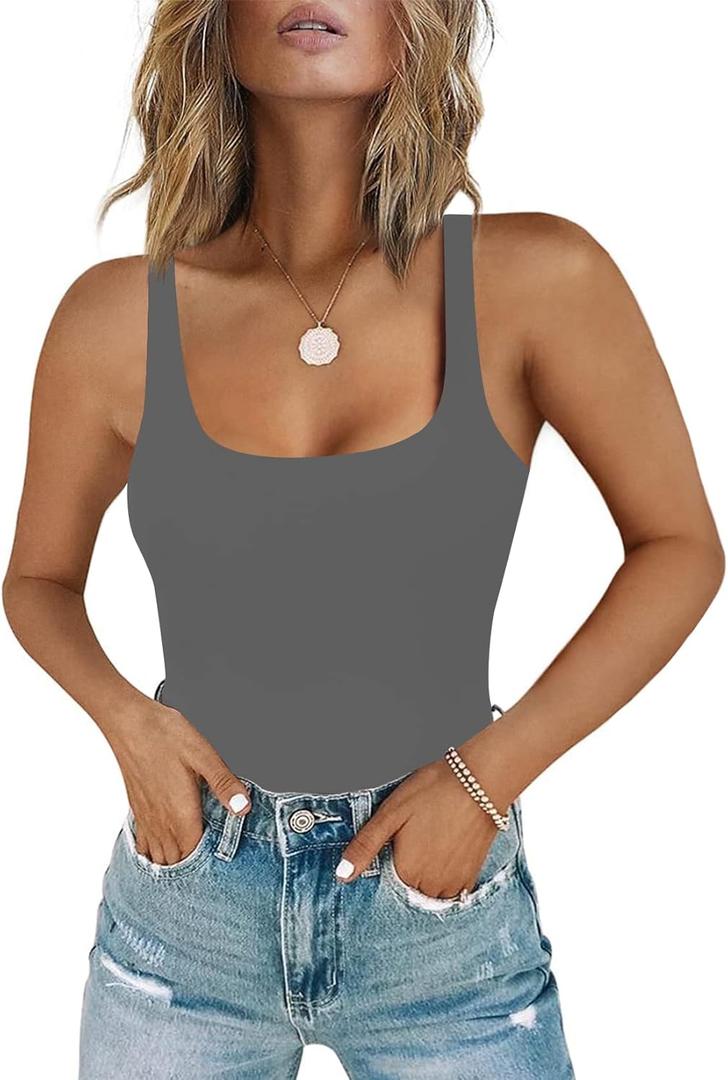 Chunpin Women's Square Neck Tank Bodysuit Sleeveless Tank Top Double Lined Body Suit Going Out Outfits Thong Bodysuits (Grey)