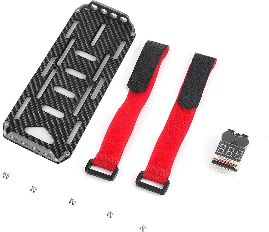 RC Battery Mounting Plate Set, RC Battery Tray with Electricity Tester, Carbon Fiber Batteries Mount Plate with Strap Replacement for SCX10 1/10 Crawler Car, 6x2.4x0.6in