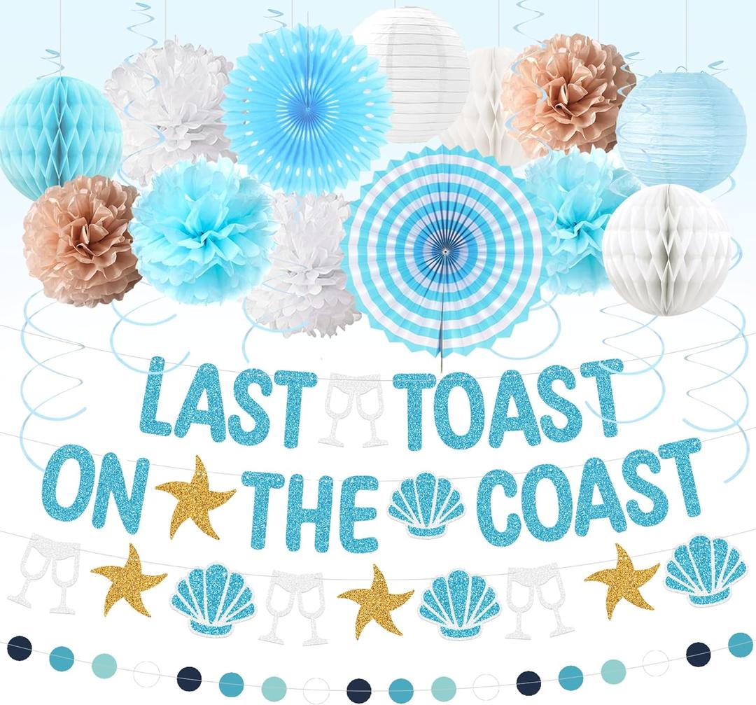Holkcog Bachelorette Party Decorations, Blue Beach Bride Shower Decor Pom Poms Hanging Banner Swirls for women, Last Toast On The Coast Bridal Shower Wedding Decoration, Bride To Be Party Supply