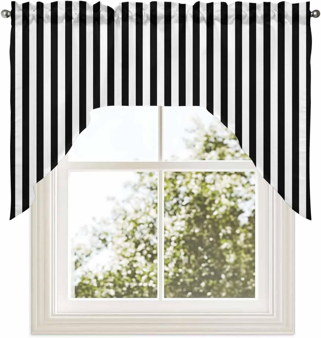 Black White Stripe Swag Valances for Windows, Modern Minimalist Geometric Striped Swag Curtains for Kitchen, Living Room, Small Window Treatments Drapes Curtains for Cafe, Bathroom, Bedroom, 56"x36"