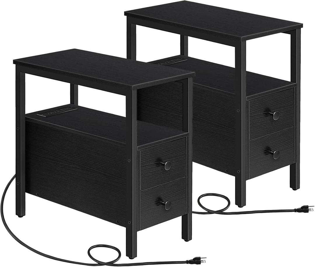 HOOBRO Set of 2 End Tables with Charging Station, Narrow Side Table with Drawers & USB Ports & Power Outlets, Nightstand for Small Spaces, Living Room, Stable and Sturdy, Black BK541BZP201