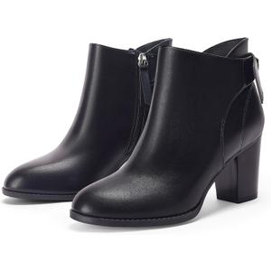 Coutgo Women's Fall Ankle Boots Shoes Chunky Block Stacked Heel Bow Tie Pointed Toe Dress Booties Side Zipper (10, Pu Black)