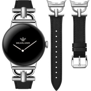 Wearlizer Leather Bands Compatible with Google Pixel Watch 4/3 41mm/Pixel Watch 2/1 Band Women, Dressy Designer Slim Leather Strap with D-Shape Metal Buckle for Pixel Smartwatch Accessories (Black/Silver)