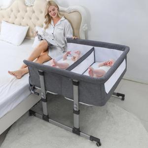 Ihoming Twin Bedside Bassinets for Baby, Adjustable Height Portable Crib with Wheels & Airflow Mesh, Infant Co Sleeper Bedside Crib Attaches to Bed, Light Grey, Twin XL