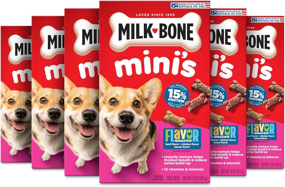 Milk-Bone Mini's Flavor Snacks Dog Treats, 15 Ounce (Pack of 6) Crunchy Texture Helps Reduce Tartar (EXP 07/02/27)