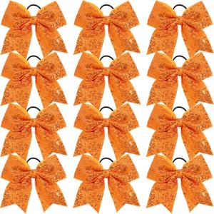 12 Pcs Large Glitter Cheer Bows Ponytail Holder Girls Elastic Hair Ties 8" Big Hair Bows Sports Cheerleaders Accessories for Teens Women Cheerleader Girls (Orange)