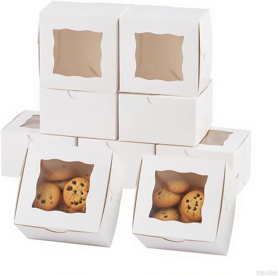 100Pack 4x4x2.5 Cookie Boxes with Window, White Bakery Boxes for Treats, Gift Packaging For Halloween, and Party Favors, Candies, and Small Desserts, Sturdy & Easy Assembly