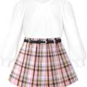 Girls Outfits Size 10-12 Clothes for Girls 10-12 White Crew Neck Ruched Shirt Lantern Sleeve Tops + Pink Plaid Skirts + Cute Hat 3 Piece Fall Winter Girl Skirt Set