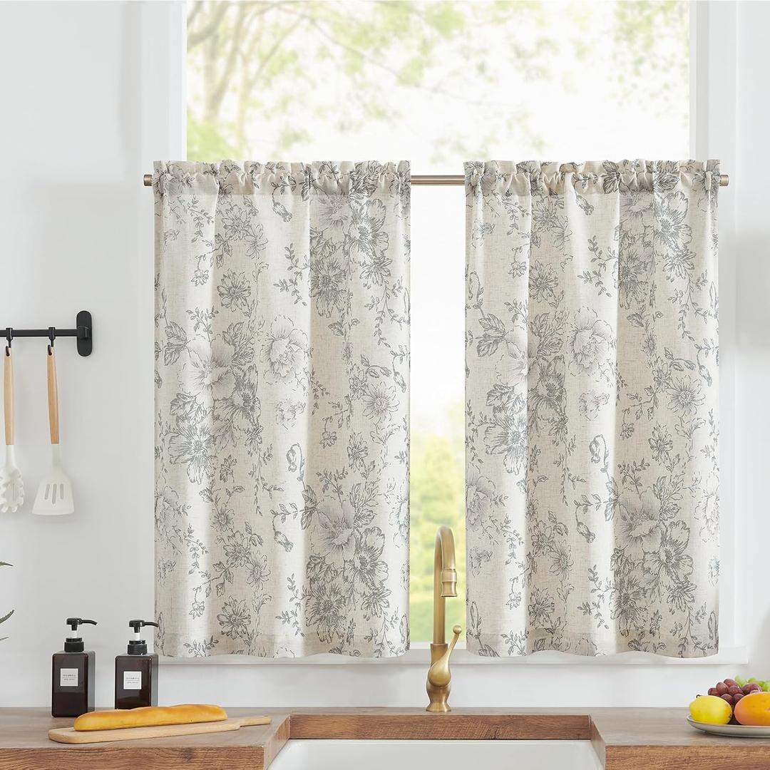 jinchan Floral Linen Tier Curtains Grey Flower on Beige Cafe Curtains 36 Inch Length Kitchen Living Room Bedroom Bathroom Farmhouse Rustic Country Rod Pocket 2 Panels