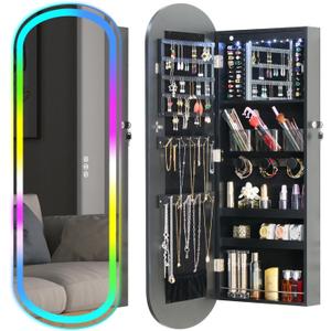 RGB Lighted Mirror Jewelry Armoire Organizer,LED Jewelry Cabinet Wall/Door Mounted, Over the Door Full-Length Lockable Rounded Wide Mirror with Storage Interior Mirror Black Gift for Her Chrismas