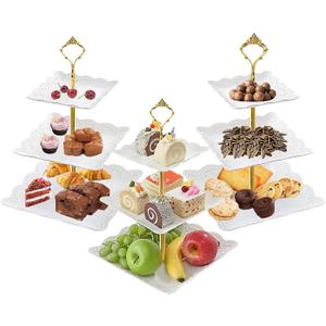 3Pcs White Square 3 Tiered Cake Stands, 3 Tier Serving Tray Cupcake Holder Dessert Stand Fruit Candy Display Table Decorations for Home Party Birthday Tea Party Baby Shower (3 Pieces - Square (with Crown-shaped Holder))