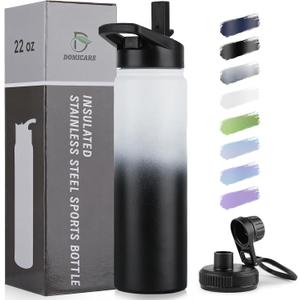 DOMICARE Insulated Water Bottle, 22 oz Vacuum Insulated Stainless Steel Reusable Sports Bottle with Straw Lid & Spout Lid for Travel, Camping, Bike, Leakproof, Black/White, 1 Pack