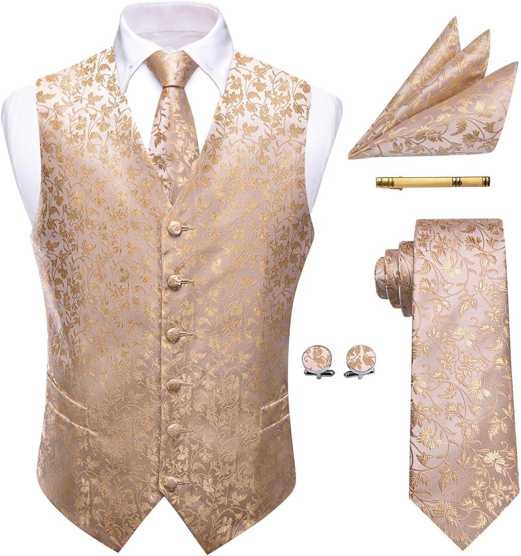 Mens Victorian Vest Tie Set Silk Paisley Suit Vests Formal Waistcoat Gothic Steampunk Vest with Notched Lapels (Small, Beige Light Pink)