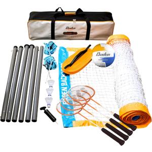 Baden Champions Volleyball/Badminton Portable Combo Set, 4 Raquets + 3 Birdies + Boundary + Volleyball + Pump + Carry Bag (32 ft Wide Net, Orange/Blue (New Model))