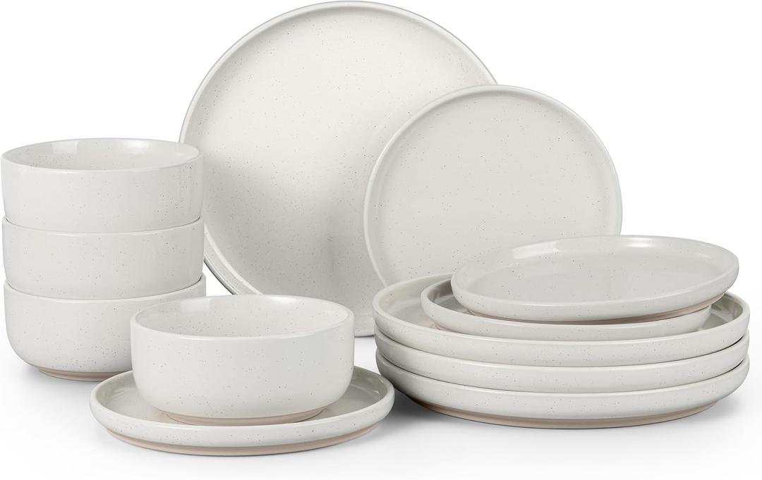 HaWare Stoneware Dinnerware Sets, 12-Piece Plates and Bowls Set for 4, Dishes Set for Home Restaurant, Speckled Milky White
