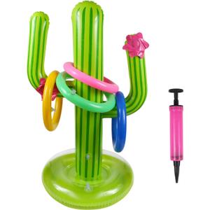 Inflatable Cactus Ring Toss Game Set Target Toss Floating Swimming Ring Toss Includes Cactus,4 Rings for Fiesta Party Accessories Hawaiian Pool Beach Party Decoration Supplies