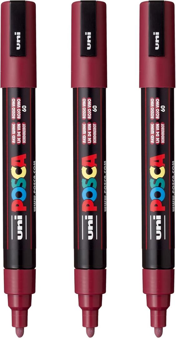 posca PC-5M Water-Based Paint Markers, Reversible Medium Tip (1.8-2.5mm), RedWine, 3 Count