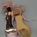 Coutgo Women's Bow Tie Heeled Sandals Chunky Heels One Strap Satin Ankle Buckle Dress Wedding Shoes, Pink, Size 8