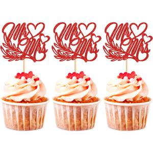 Ercadio 24 Pack Valentines Day Mr &Mrs Cupcake Toppers Red Glitter Mr&Mrs Cupcake Picks Valentines Day Cake Decors for Wedding Bridal Shower Valentines Party Cake Decor Supplies (Pattern 3 Red)