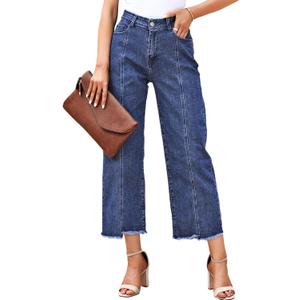 Sidefeel Women's Jeans High Waisted Wide Leg Loose Fit Straight Leg Zimbaplatinum Cropped Denim Pants (14, Blue)
