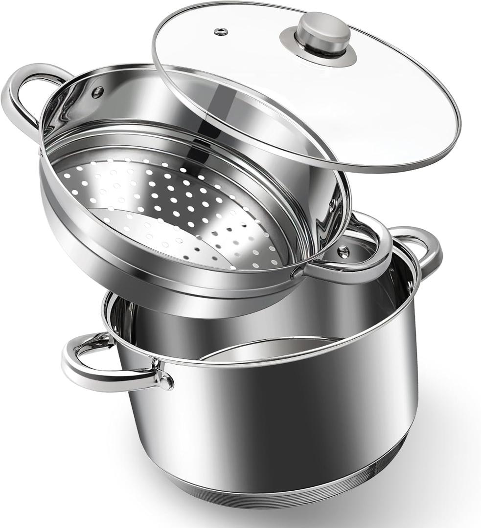 6 QT Stainless Steel Cookware Set, 3-Piece Multipurpose Stock Pot with Steamer Pot and Tempered Glass Lid, Stainless Steel Handle, Work with Gas Electric Induction Stove