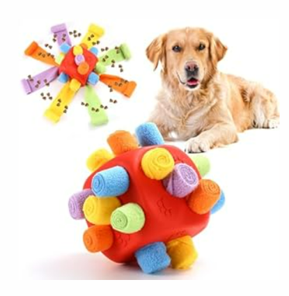 Yikko Interactive Snuffle Ball, Dog Chew Enrichment Toys, Treat Dispenser Slow Feeder Dog Puzzle Stimulation Toys for Small Medium Large Dogs, dice Shape (Rainbow Red)