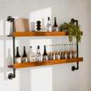 Industrial Wine Rack Wall Mounted, Solid Wood Shelf with Metal Pipe Brackets, 2-Tier Rustic Hanging Organizer for Wine Bottle Storage in Kitchen, Bar, Pub, Cellar(Walnut Brown, 48 Inch), S2T48