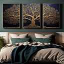 3Pcs Vintage Tree Life Canvas Wall Art Abstract Gold Tree Painting Decor Pictures Moody Modern Dark Plants Tree of Life Posters Prints for Living Room Bathroom Bedroom Decoration No Frames, 16"L x 12"W